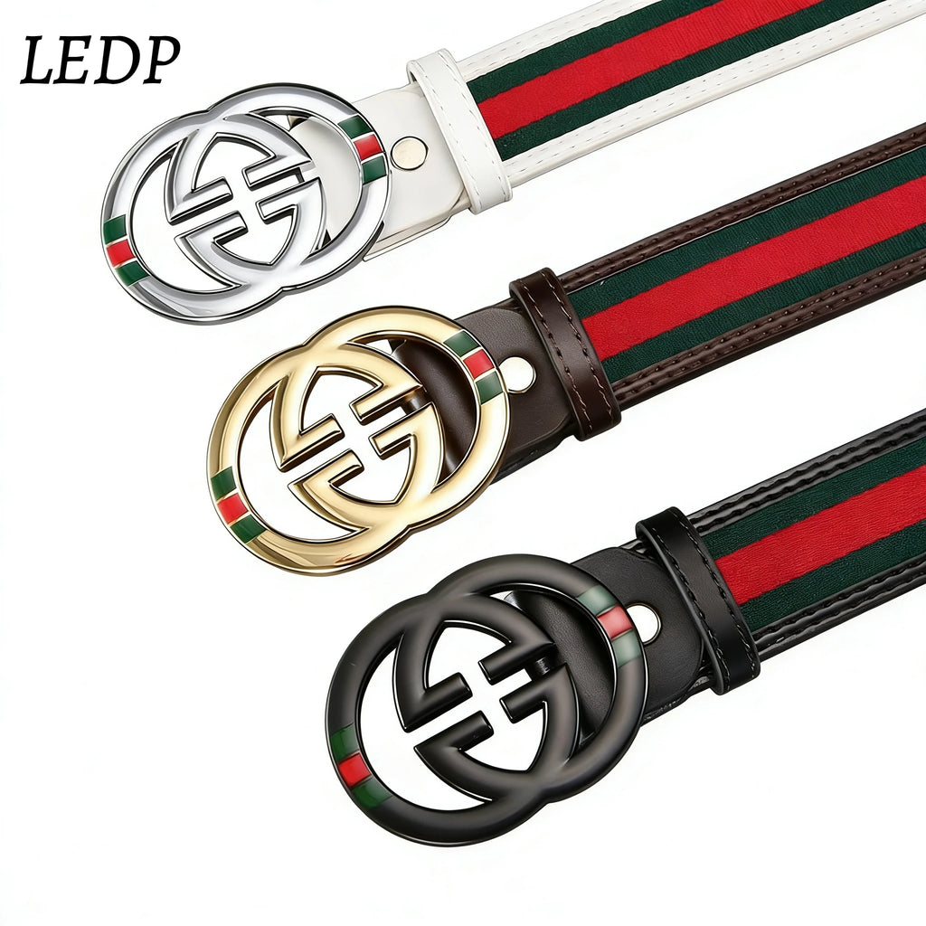 2026 Luxury Brand Style Belt – Red Green Stripe PU Leather, 3.8cm Wide High End Men’s Belt for Students & Professionals