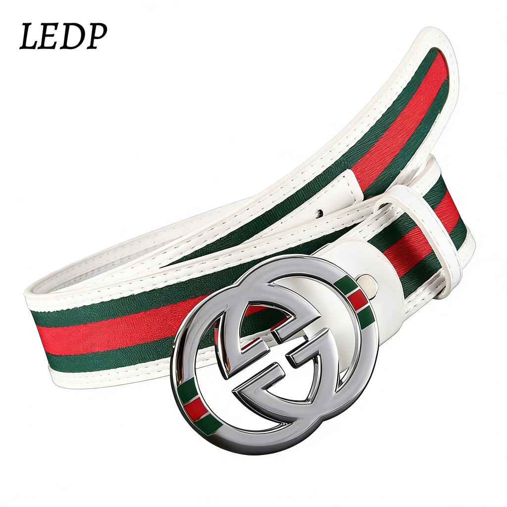 2026 Luxury Brand Style Belt – Red Green Stripe PU Leather, 3.8cm Wide High End Men’s Belt for Students & Professionals